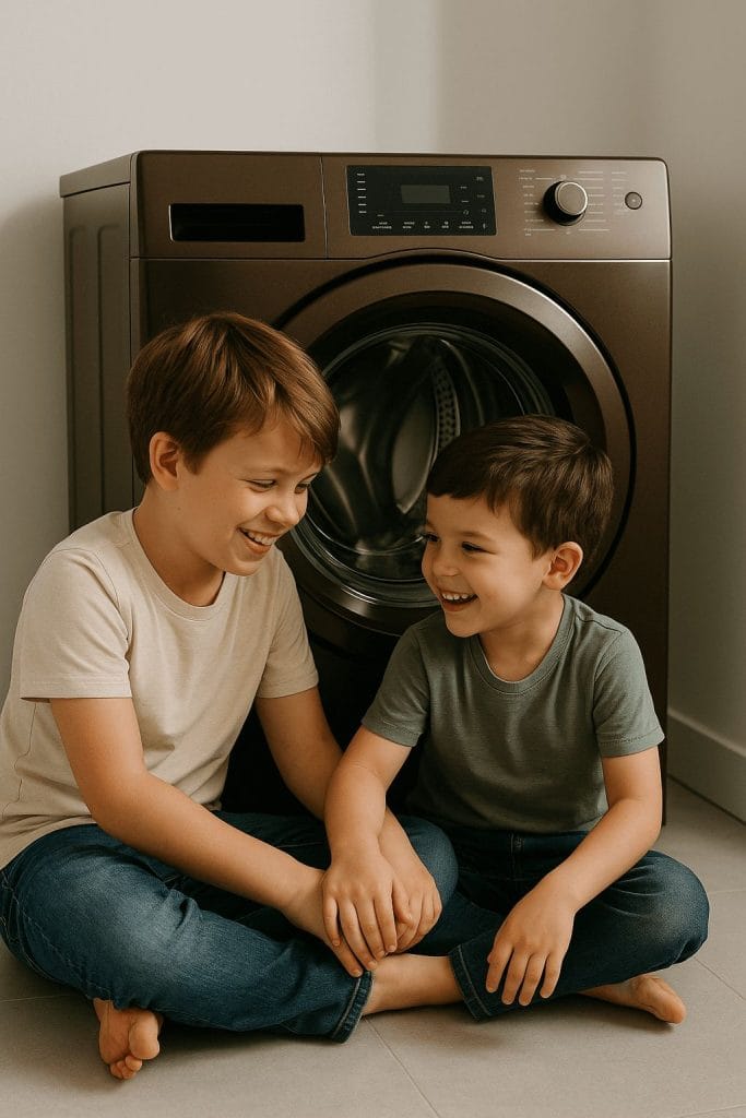 deux petits enfants souriant en face d'une machine à laver