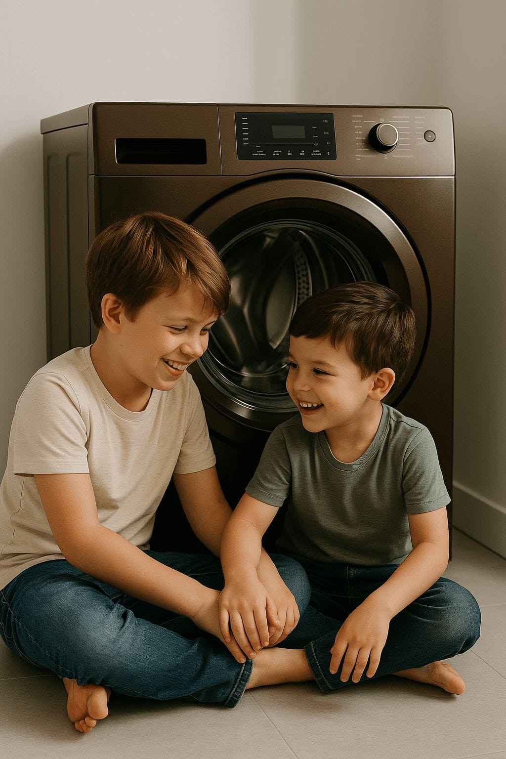 deux petits enfants souriant en face d'une machine à laver