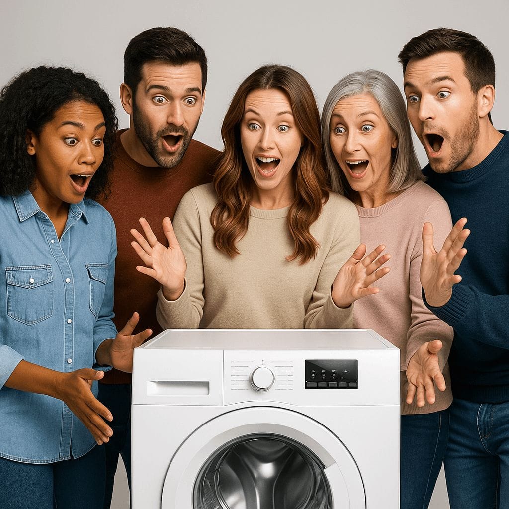 photo d'un groupe de personnes souriantes posant à cote d'une machine à laver