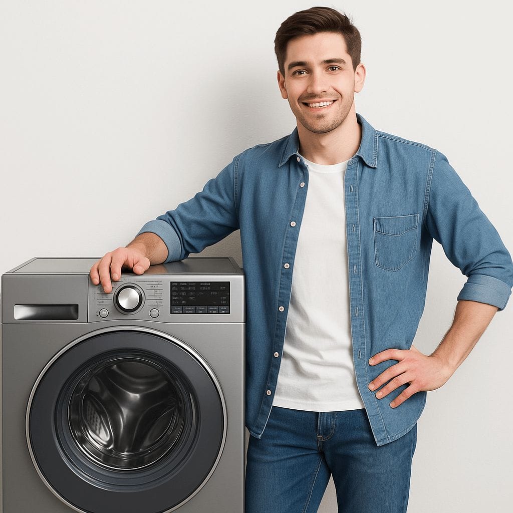 Un homme tient une machine a laver
