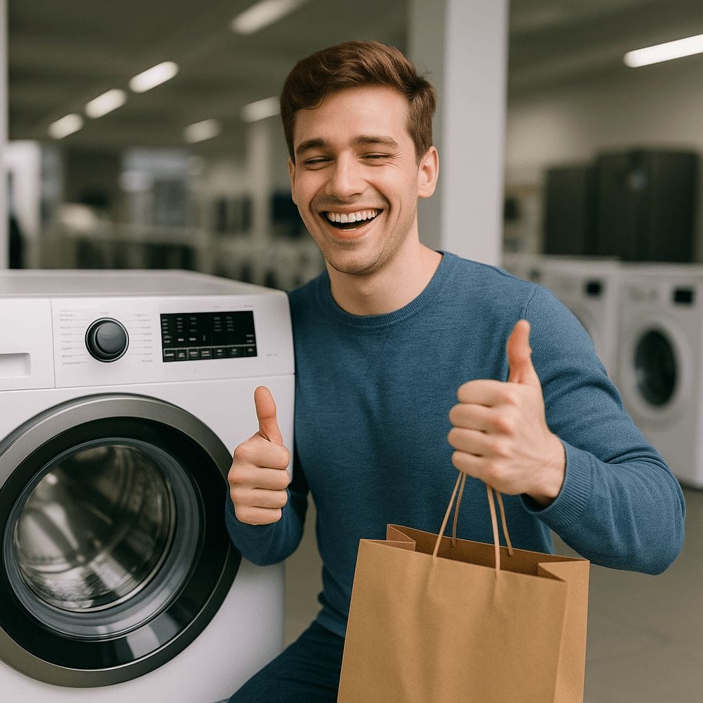 Homme devant une machine à laver donnant un signe de satisfaction