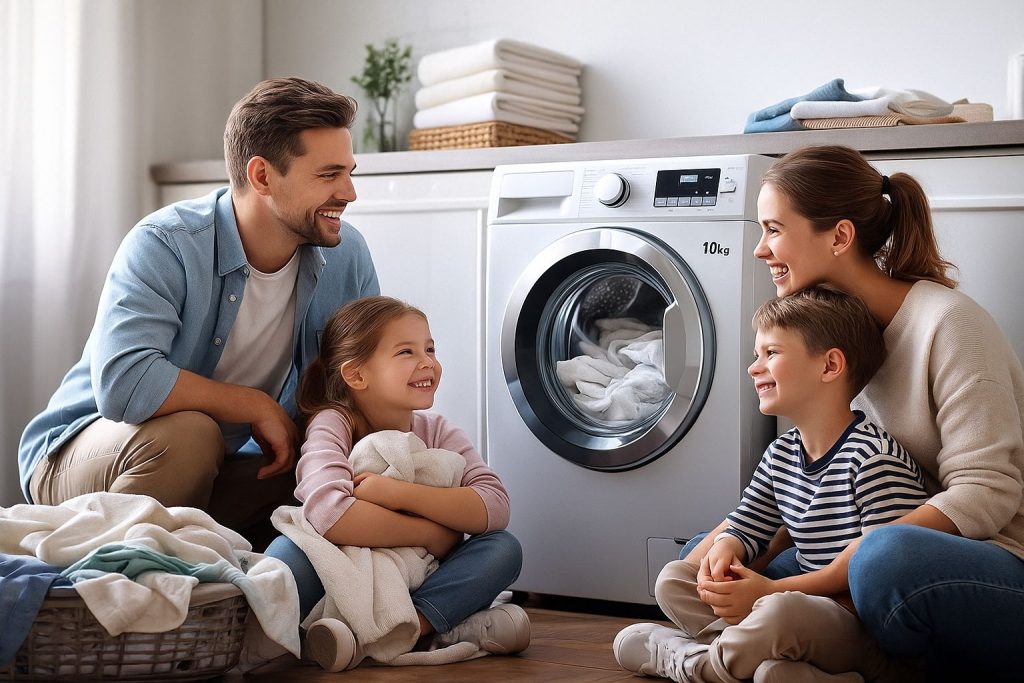 Famille utilisant une machine à laver dans une buanderie