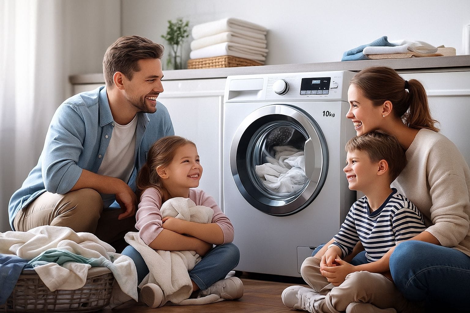 Famille utilisant une machine à laver dans une buanderie