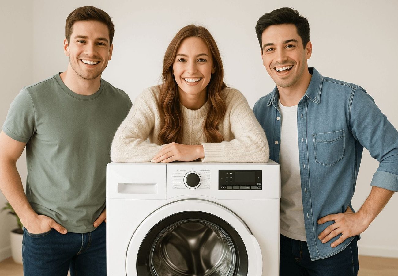 Trois personnes autour d'une machine à laver